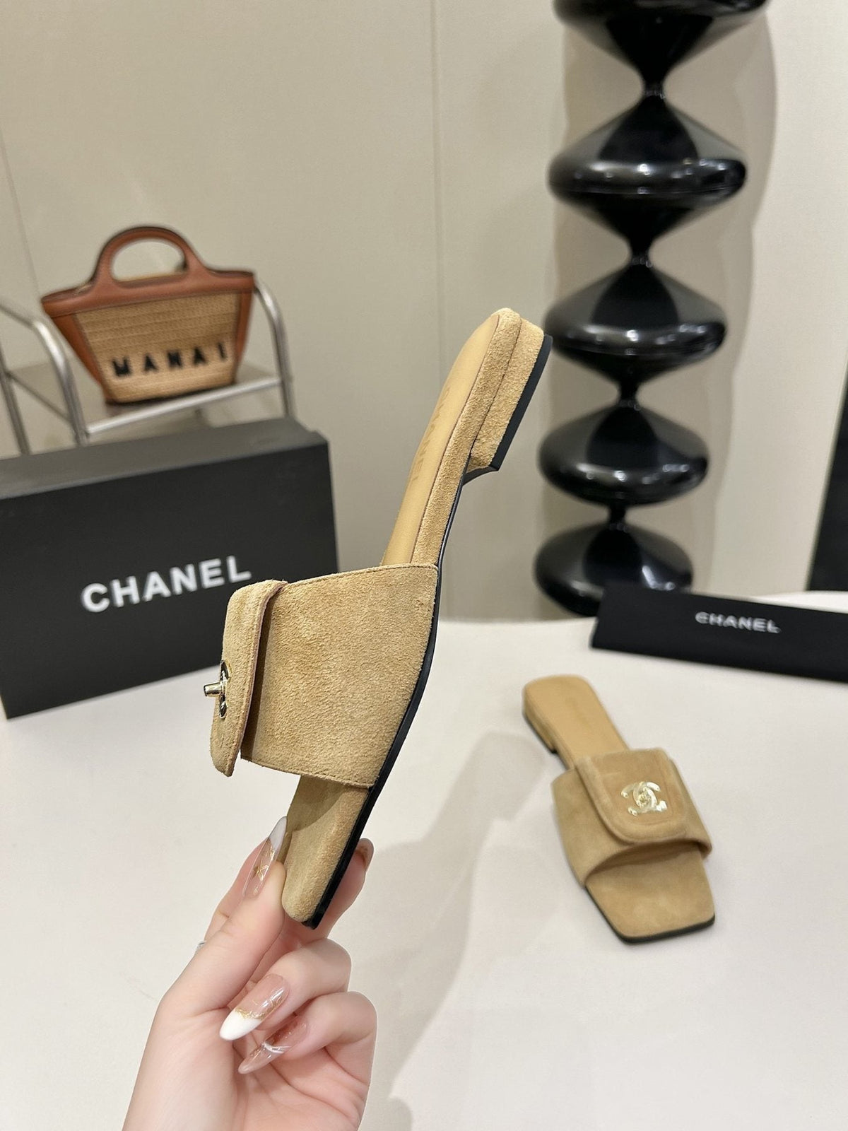 Chanel Square-Toe Emblem Slide Sandals